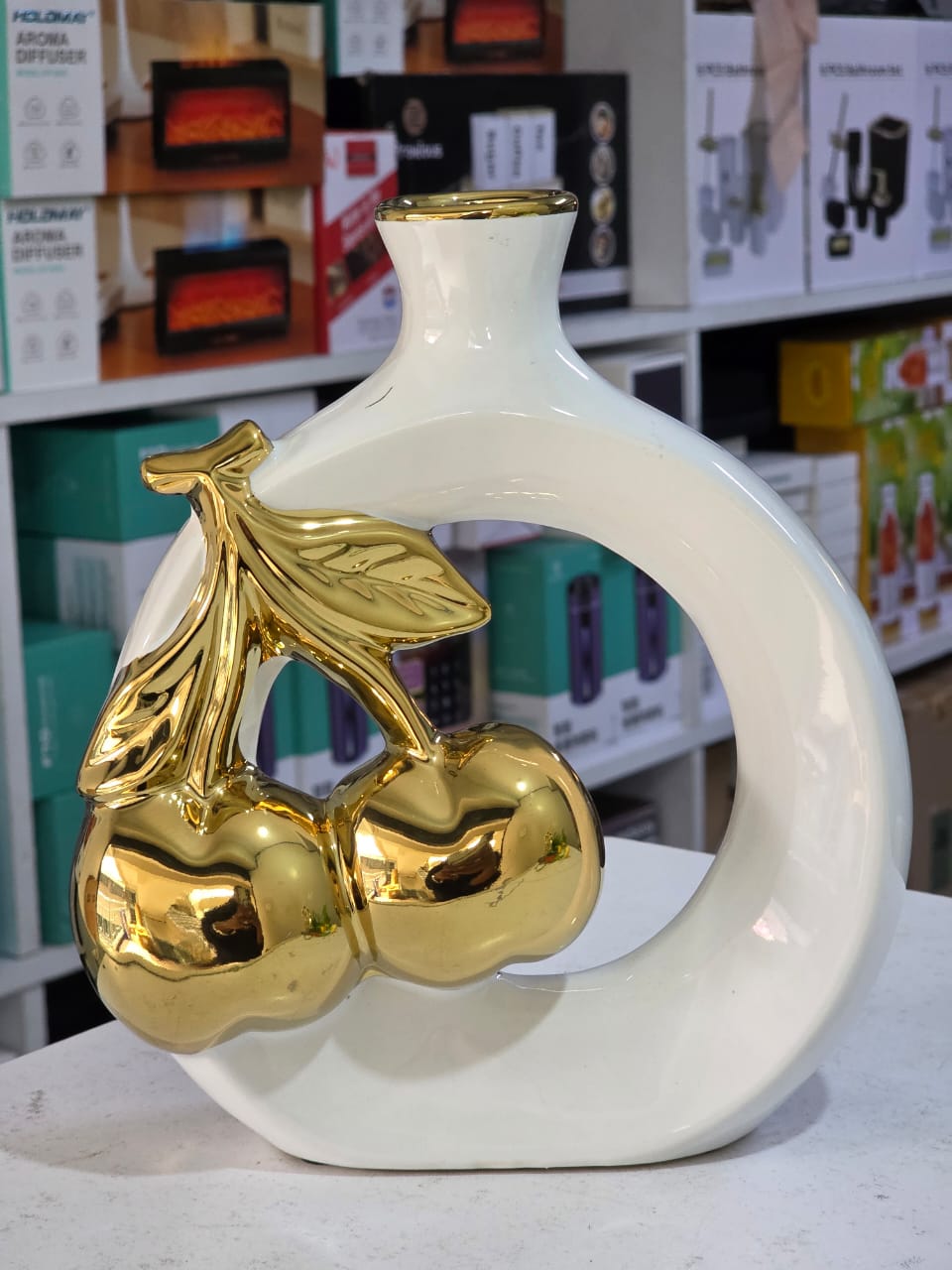 Modern Ceramic Vase with Golden Cherry and Leaf Design – Open Circle Shape- Furaha Finds Kenya