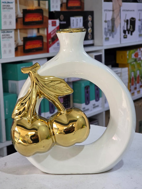 Modern Ceramic Vase with Golden Cherry and Leaf Design – Open Circle Shape