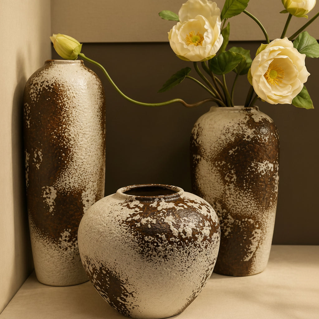 Rustic Brown Textured Ceramic Vase Set 3 Piece Earthy Elegance Home & Garden Vases