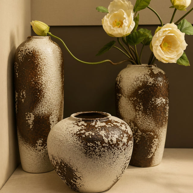 Rustic Brown Textured Ceramic Vase Set 3 Piece Earthy Elegance Home & Garden Vases