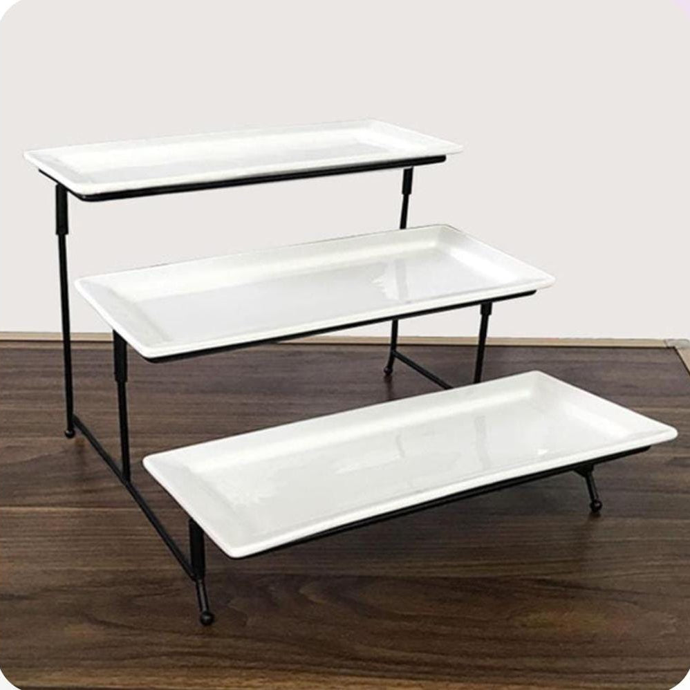 3-Tier Rectangular Serving Stand with White Platters for Cake, Fruit, and Dessert Display- Furaha Finds Kenya