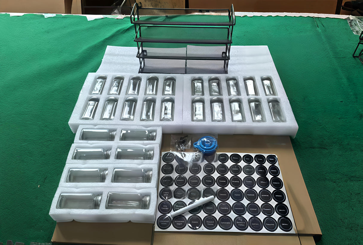 Glass Spice Jars Set with Rack, Funnel, Labels, Pen and Brush – 28pcs