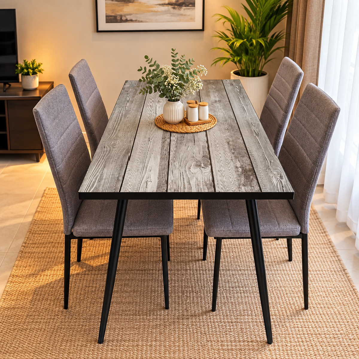Wood-Print Glass Top Dining Table With 4 Seats Dining Table Dining Tables