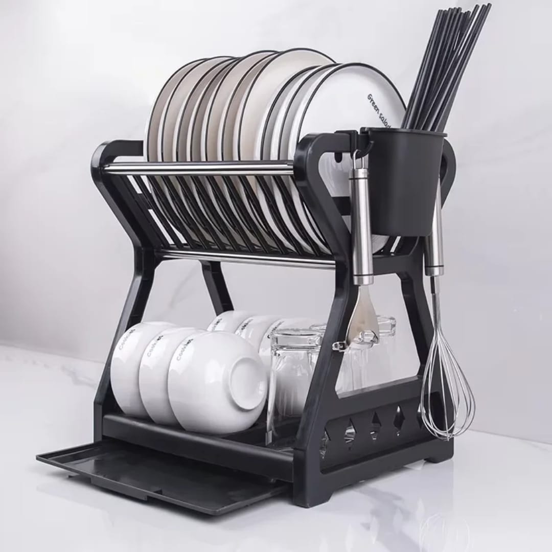 Minimalist 2-Layer Dish Rack with Side Hooks