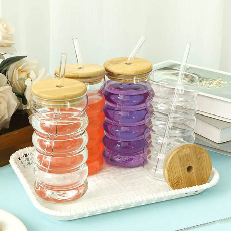 Ripple Wave Glass Cup with Bamboo Lid(1 Pc) Glass cup Mugs