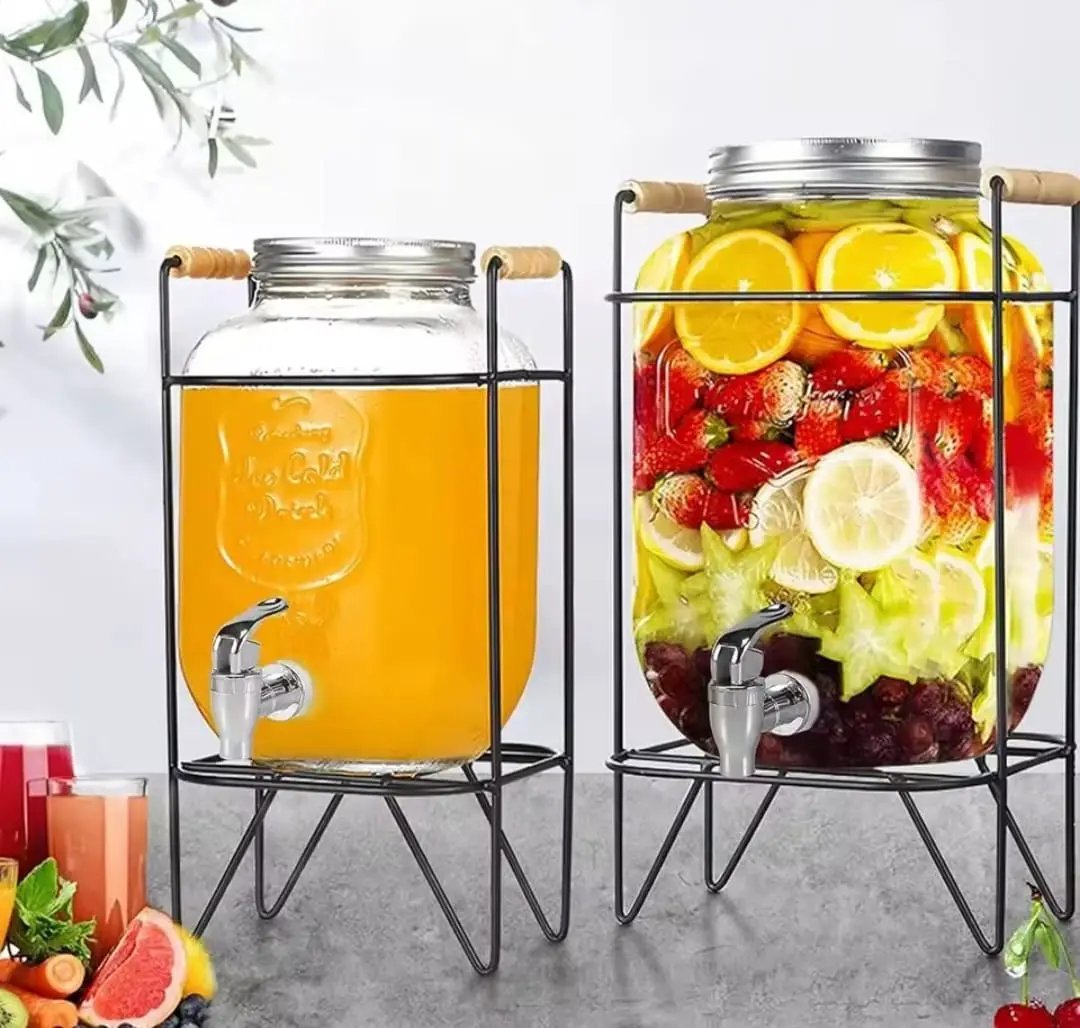 Glass Juice Dispenser In Metallic Stand 5L 8L For Parties Beverage Dispensers