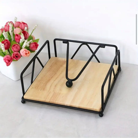 Luxury Metallic Serviette Holder Black & Gold Frame with Bamboo Napkin Base- Furaha Finds Kenya
