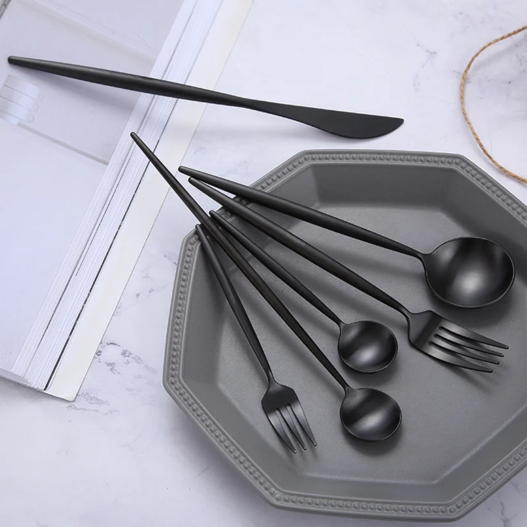 30 Piece Black Stainless Steel Cutlery Set for Elegant Dining- Furaha Finds Kenya