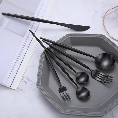 30 Piece Black Stainless Steel Cutlery Set for Elegant Dining- Furaha Finds Kenya