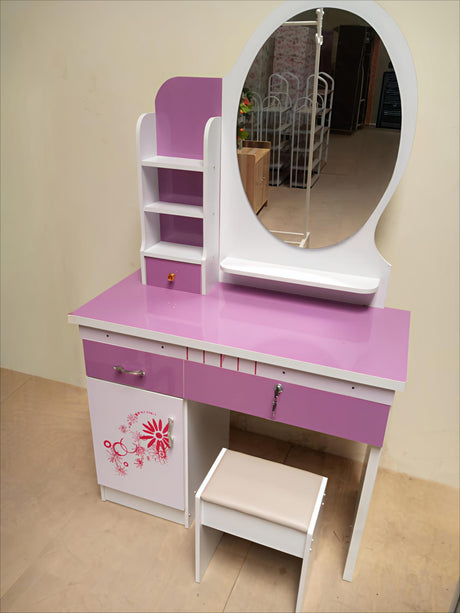 Modern Round Mirror Wooden Dressing Table with Storage and Stool