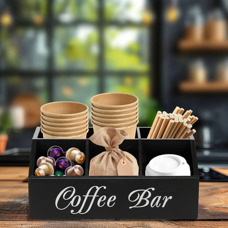 Matte Black Wooden 5 Compartment Coffee Bar Organiser With Caddy Kitchen & Dining Kitchen Counter & Beverage Station Organizers