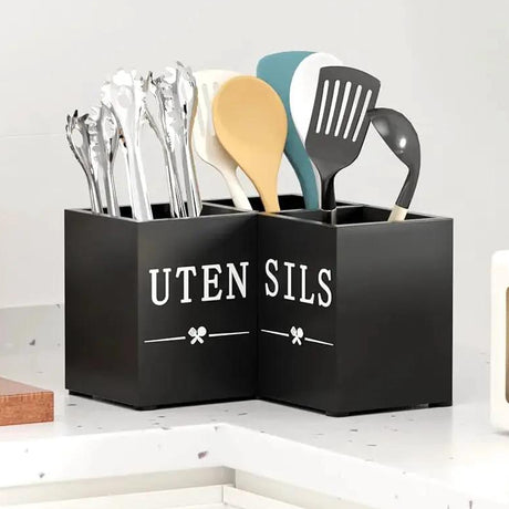 4 Slot Rustic White Wooden Utensil Holder Caddy Farmhouse Style Kitchen & Dining Kitchen Utensil Holders