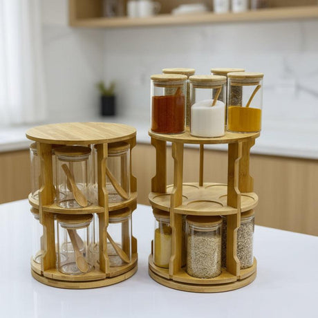 360° Rotating Bamboo Spice Tabletop Rack with 10 Large Spice Jars