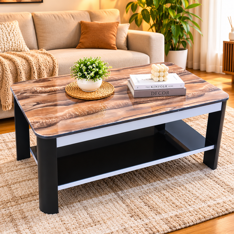 Walnut & Marble-Effect Coffee Table with Storage Shelf - 2-Tone Coffee Table Coffee Tables