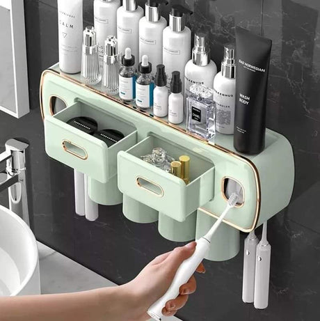 Wall Mounted Self Adhesive Toothpaste & Toothbrush Holder 4 Magnetic Cups with Double Squeezer | Bathroom Organizer
