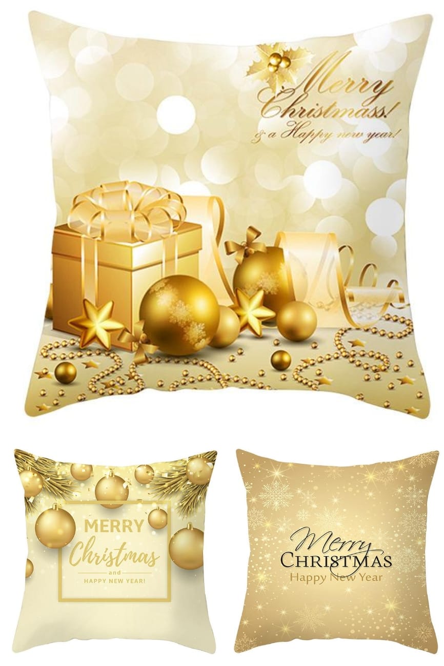 Christmas Themed Linen Throw Pillow Cases – 45cm x 45cm Gold Cushion Covers