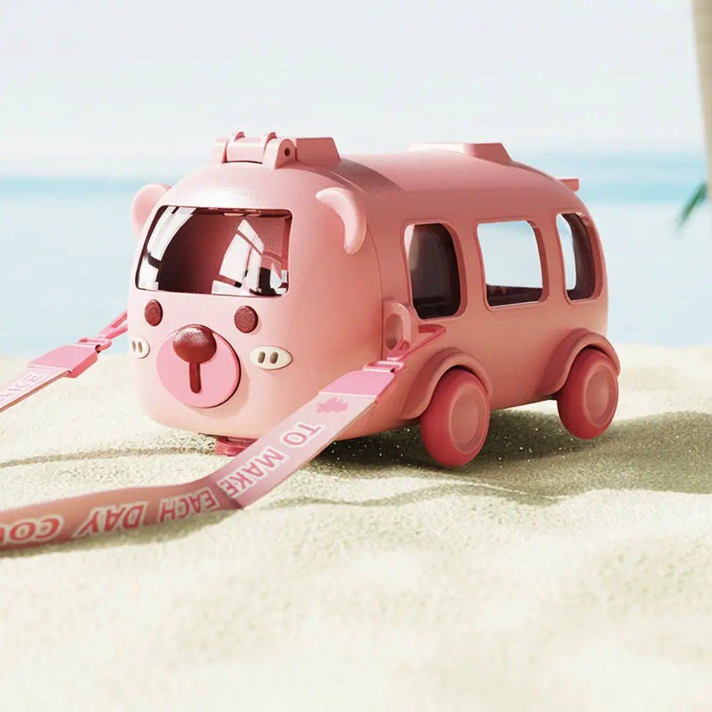 Kids Bus Water Bottle With Wheels And Strap Kitchen & Dining Water Bottles