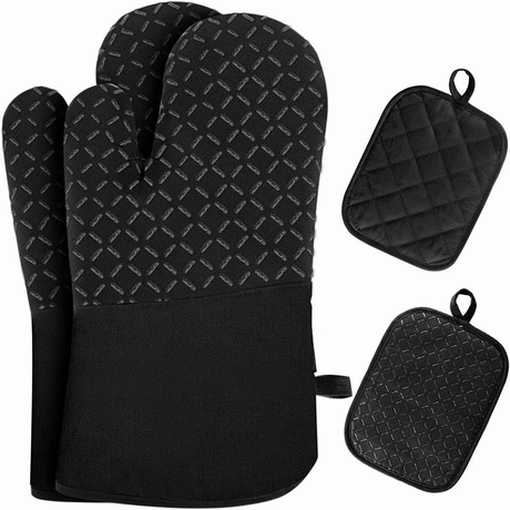 2pcs Heat-Resistant Oven Mitts and Pot Holder Set in Elegant Black for Baking and Cooking.- Furaha Finds Kenya