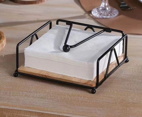 Luxury Metallic Serviette Holder Black & Gold Frame with Bamboo Napkin Base- Furaha Finds Kenya