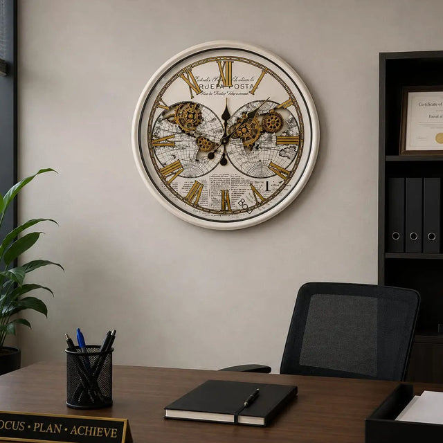 White World Map Vintage Gear Wall Clock Wall clock Wall Clocks
