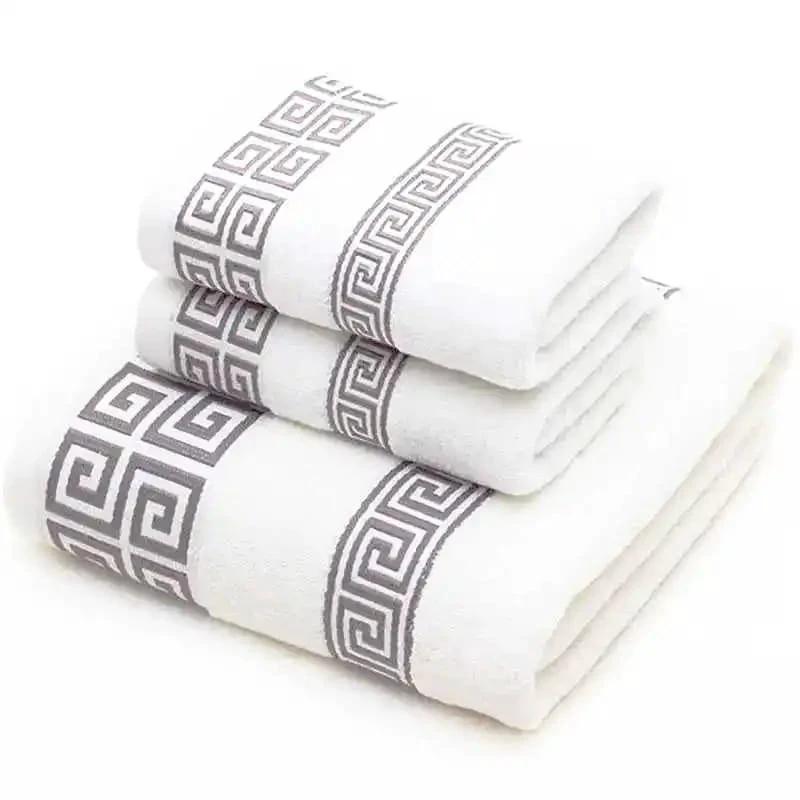 Bath Towel Set - 3-Piece 100% Cotton Greek Key Trim Home & Garden Bath Towels & Washcloths