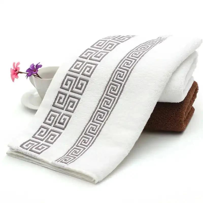 Bath Towel Set - 3-Piece 100% Cotton Greek Key Trim Home & Garden Bath Towels & Washcloths