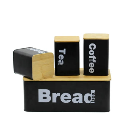 Bread Bin with Three Canister Set – Bamboo Lid Kitchen Storage in White or Black- Furaha Finds Kenya
