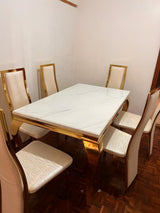 Luxury 6-Seater White Marble Dining Table Set Gold Frame with Cream High Back Chairs