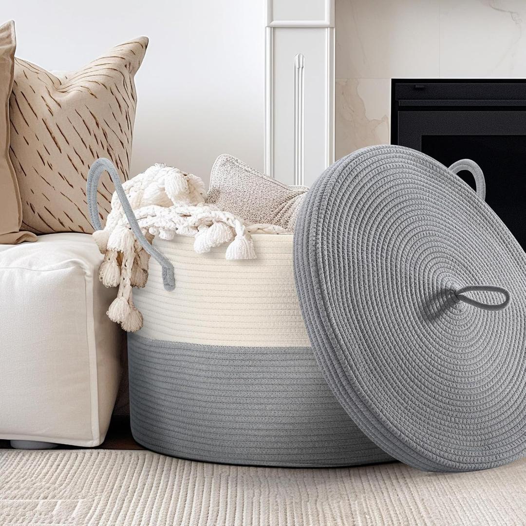 Extra Large Cotton Rope Basket with Lid 55cm x 35cm Storage Organizer