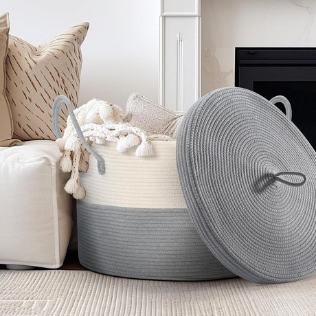 Extra Large Cotton Rope Basket with Lid 55cm x 35cm Storage Organizer