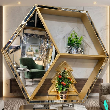 Luxury Gold Hexagon Wall Mirror with Display Shelves Mirror Mirrors