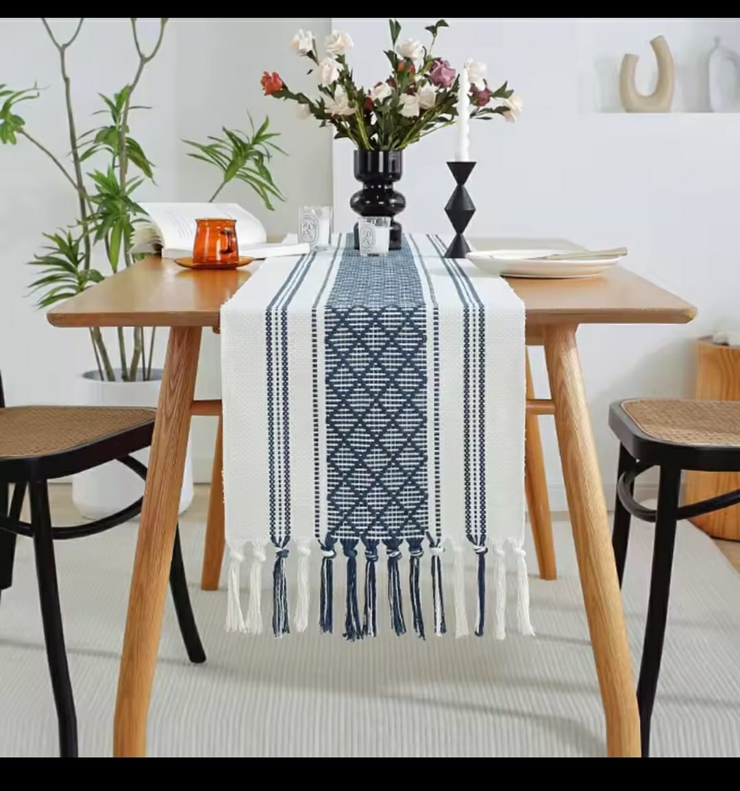 Black and White Geometric Woven Table Runner with Tassels