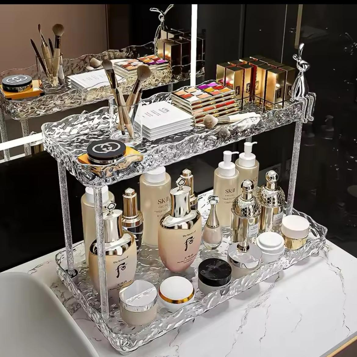 Two-Tier Crystal Makeup Organizer with Decorative Rabbit Accent