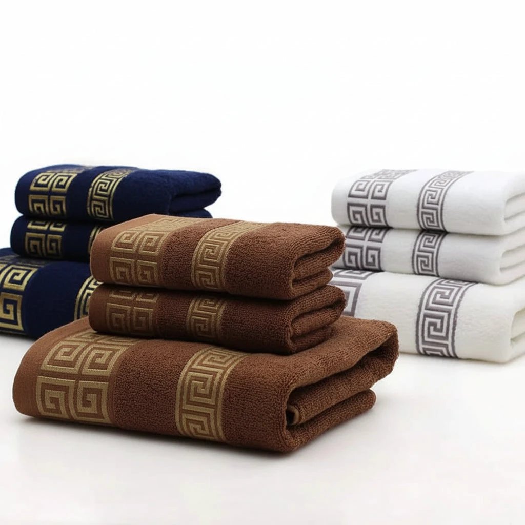 Bath Towel Set - 3-Piece 100% Cotton Greek Key Trim Home & Garden Bath Towels & Washcloths