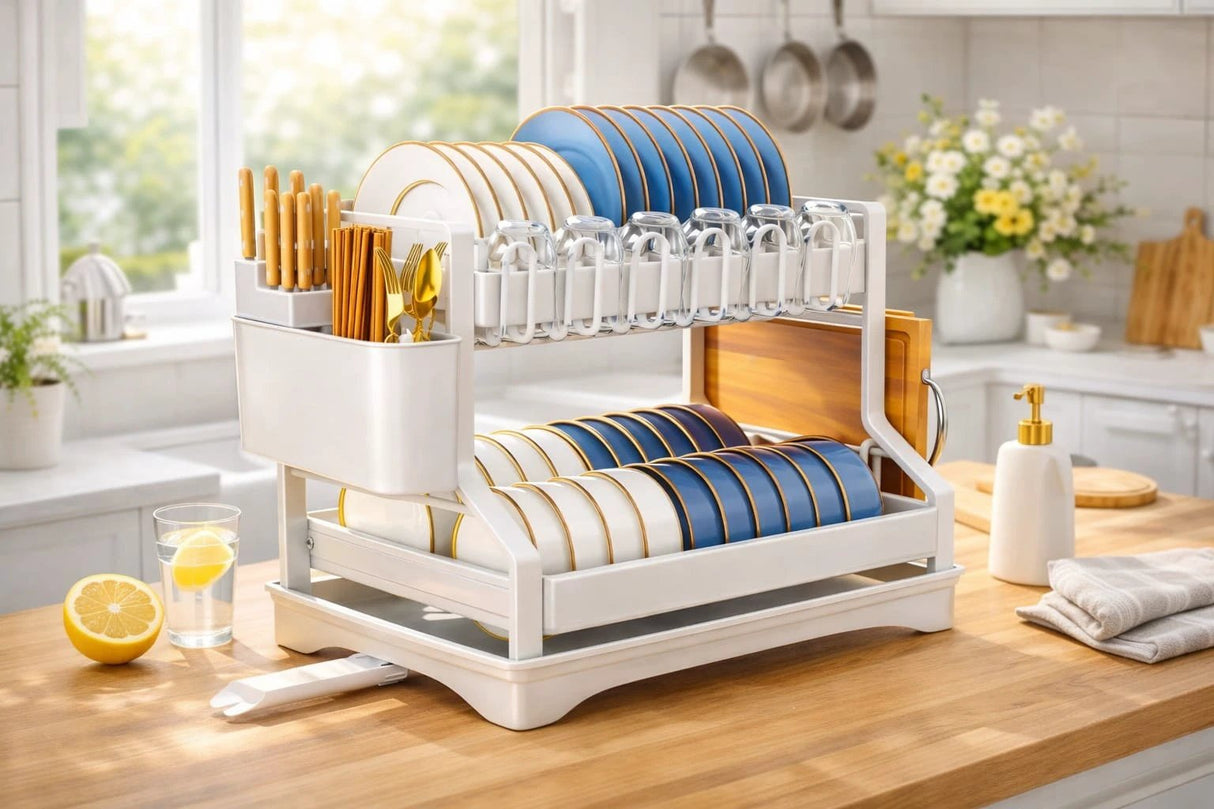2 Tier Kitchen Dish Rack with Drain Tray Large Capacity Countertop Organizer Dish Racks