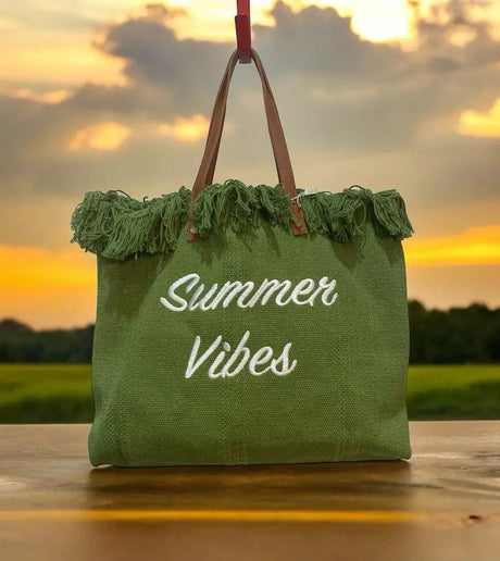 Women's Summer Vibes Tote Bag Frayed Canvas Leather Handles Bags & Accessories Beach Bags