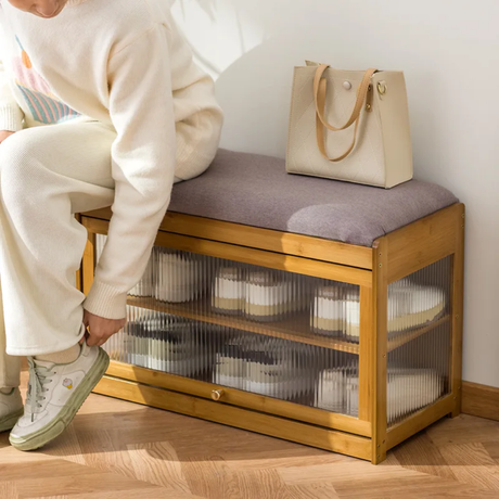Wooden Stool with Built-In Shoe Cabinet Space-Saving Entryway Organizer