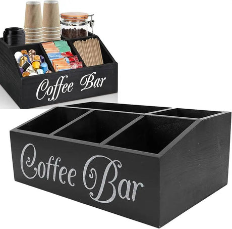 Matte Black Wooden 5 Compartment Coffee Bar Organiser With Caddy Kitchen & Dining Kitchen Counter & Beverage Station Organizers