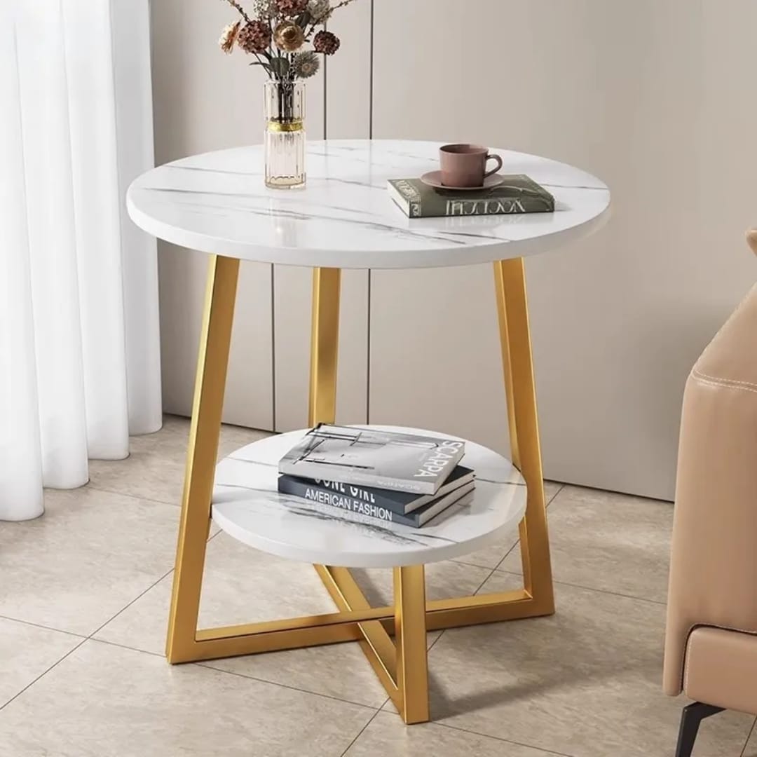 Modern Double Layer Round Side Table with MDF Top and Metal Cross Legs