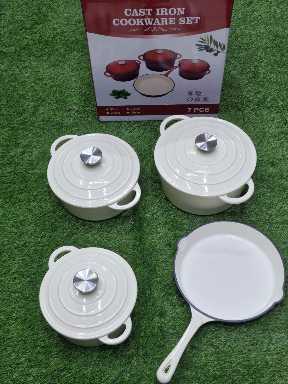 4 Piece Enamel Cast Iron Cooking Pots with Casseroles and Frying Pan