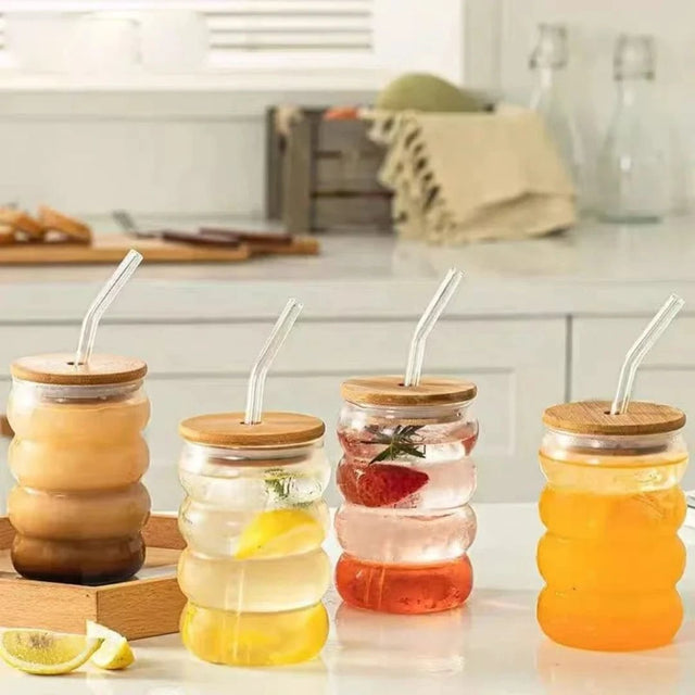 Beehive Pattern Glass Tumbler with Bamboo Lid – 550ml Glass Cup with Straw Beehive tumbler Tumblers