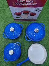 4 Piece Enamel Cast Iron Cooking Pots with Casseroles and Frying Pan
