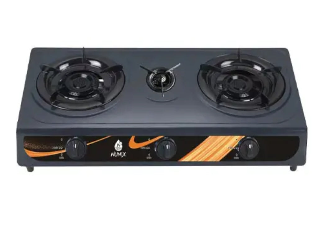 Nunix 3Burner Gas Stove Efficient Triple Burner with Metallic Top and Manual Ignition.