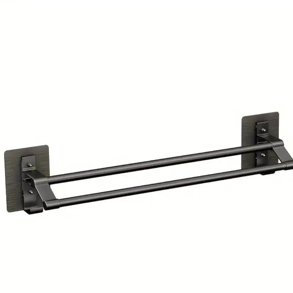 Wall-Mounted Double Towel Bar Aluminum No-Drill Bathroom Accessories Towel Racks