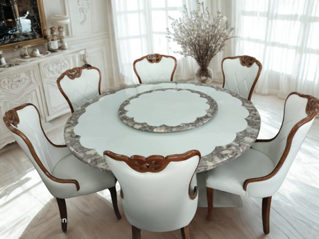 6 Seater Round Marble Dining Table with Rotating Marble Centerpiece and Cushioned Chairs