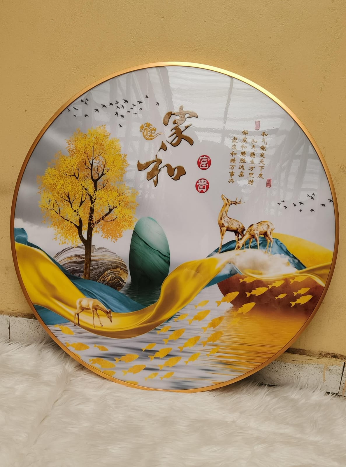 80cm Diameter Circular Crystal Porcelain Painting with Aluminium Frame | Modern Living Room Decor| Aluminium Frame Artwork |Reflective Porcelain Painting | Contemporary Wall Art | Elegant Home Decor