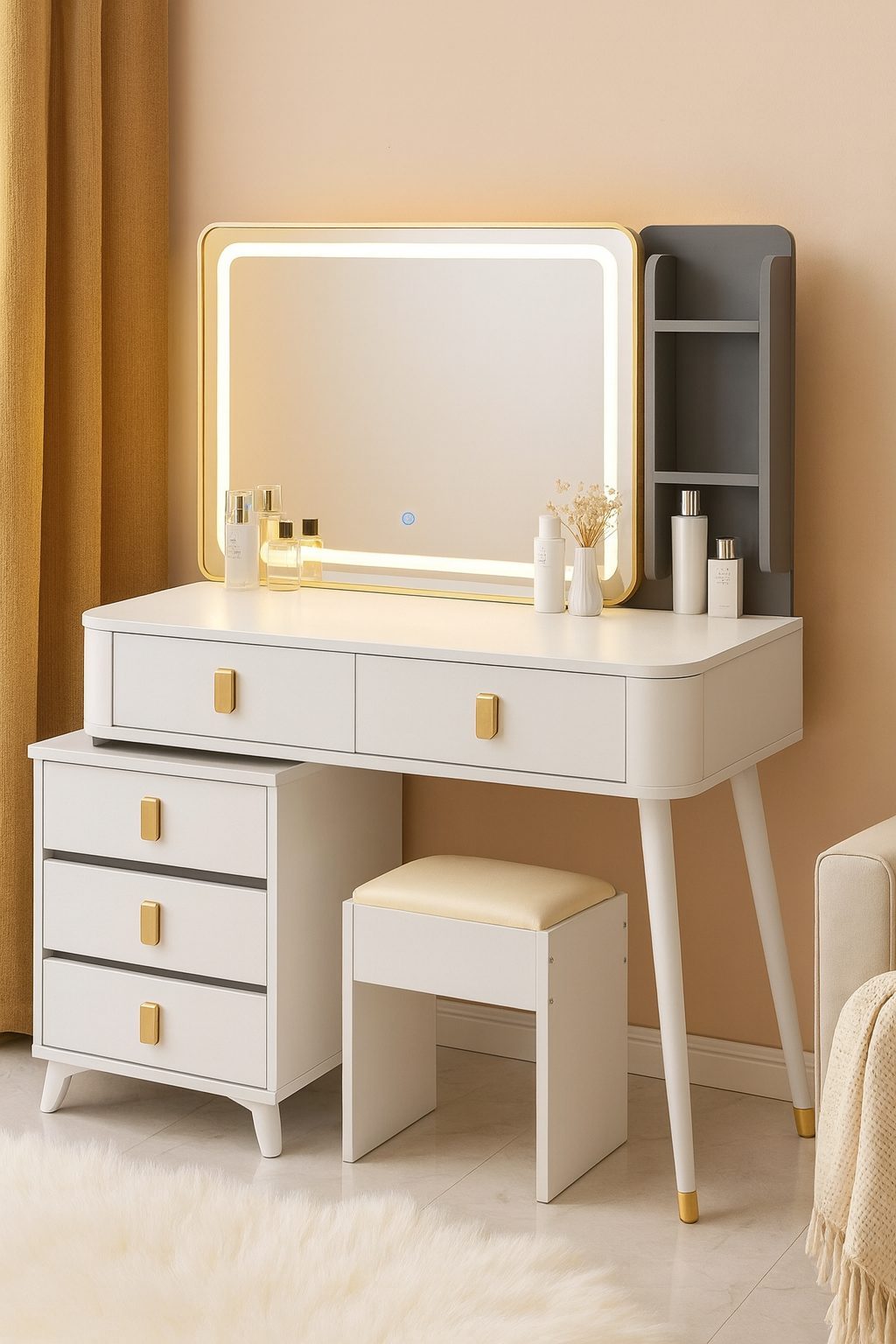 Modern LED Light Vanity Dressing Table with Storage Drawers and Stool