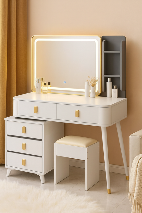 Modern LED Light Vanity Dressing Table with Storage Drawers and Stool