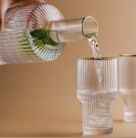 6pc Ribbed Glasses with Gold Rim and Matching Decanter Elegant Drinkware Set- Furaha Finds Kenya