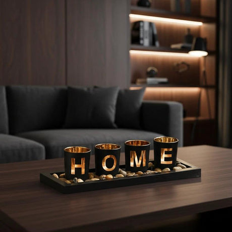 HOME Branded 4 Piece Glass Candle Holder Set with Wooden Base and Pebbles Candle Holders